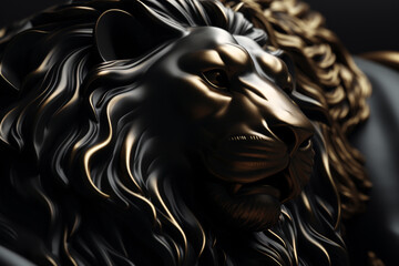Close-up view of lion head statue made from black metal and gold. Generative AI