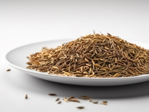 A bowl of cumin seeds sits on a white plate.