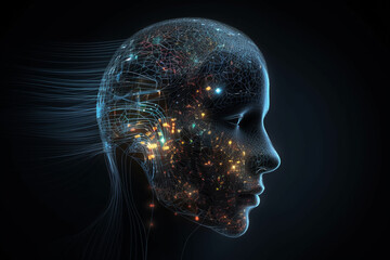 Obraz premium Human, science and technology concept. Abstract human face silhouette and data floating through head illustration. Generative AI