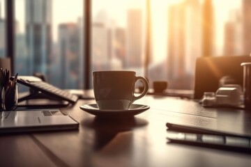 AI Generated Blurred office workspace in the morning view background