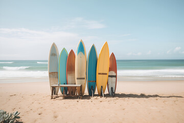 Different surf boards in stack on sandy tropical beach. Outdoors. Sunny days. Surf boards for beginner and advanced. Generative AI. - obrazy, fototapety, plakaty