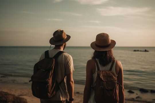 a couple of bloggers ,man and woman on the seashore. journey with meaning.back view. Generative AI 