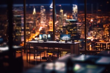 Fototapeta na wymiar AI Generated Blurred office workspace in the night view background