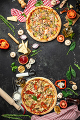 Set Pizza background. various kinds of Italian pizza on a dark background, Fast food lunch, vertical image. top view. place for text