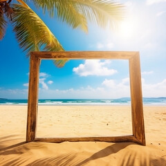 Tropical Paradise: Summer Frame with Golden Beach and Palm Leaves, generative AI