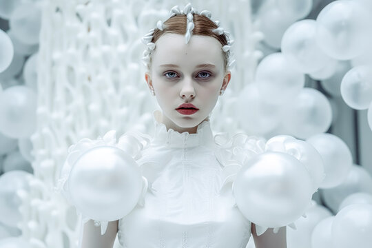 Cyborg doll living in a bubble young woman or doll in futuristic style in a field of white spheres mechanical realis, generative ai, background, cover, magazin