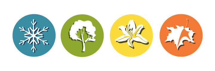 Four seasons icons set: winter, spring, summer, autumn. Logos snowflake, tree, leaf, flower