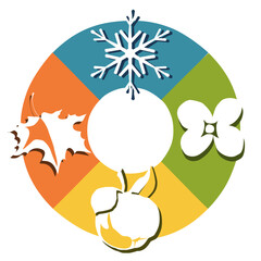 Four seasons icons set: winter, spring, summer, autumn. Logos snowflake, tree, leaf, flower