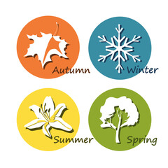 Four seasons icons set: winter, spring, summer, autumn. Logos snowflake, tree, leaf, flower