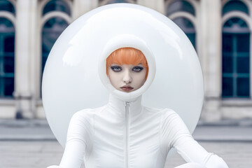 Cyborg doll living in a bubble young woman or doll in futuristic style in a field of white spheres mechanical realis, generative ai, background, cover, magazin