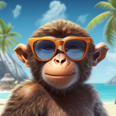 Monkey with sunglasses on the beach. Generative AI.