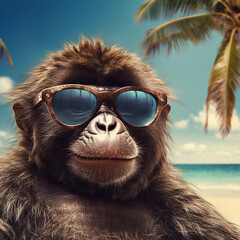 Monkey with sunglasses on the beach. Generative AI.
