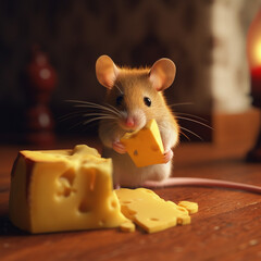 Fototapeta premium Mouse eating cheese. Generative AI.
