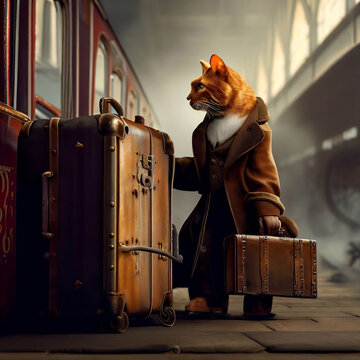 A cat with suitcases on the platform. Generative AI.