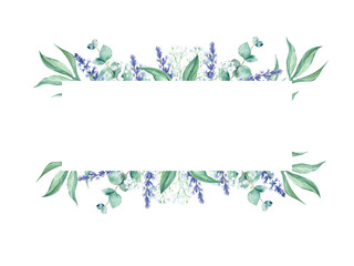 Watercolor horizontal frame, eucalyptus, gypsophila and lavender branches. Hand drawn botanical illustration isolated on white background. Can be used for wedding, greeting cards, baby shower, banners