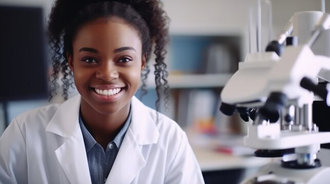 Young Black Woman In A Lab Coat Smiling At A Microscope. Generative AI