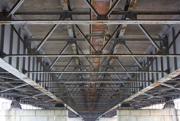 Reinforced concrete bridge from below. Reinforced concrete bridge construction. Infrastructure, bridge engineering.
