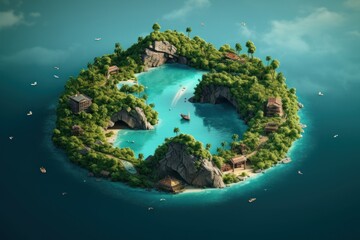 AI Generated Fishing island in the shape of a crescent bay beach sea background
