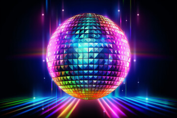 Obraz premium Discokugel mit Discolichtern in Neonfarben. Querformat. Generative Ai.