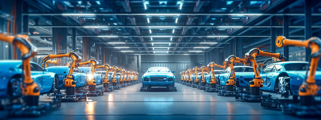 robotic car production line, photorealistic banner with copy space, wallpaper, made with Generative AI