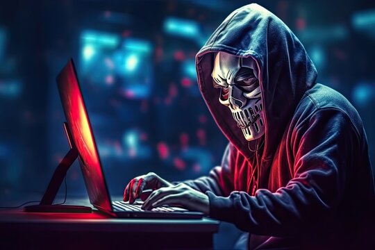 hacker stealing data . Anonymous robot hacker with skull mask typing computer laptop. Concept of hacking cybersecurity, cybercrime, cyberattack