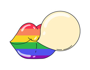 Bubble gum and lips in rainbow colors. Pride LGBT symbols. Supporting love freedom. Flat vector illustration.