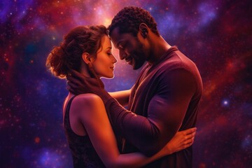 Couple in love hugging and looking at each other against cosmic background. Ai generated.