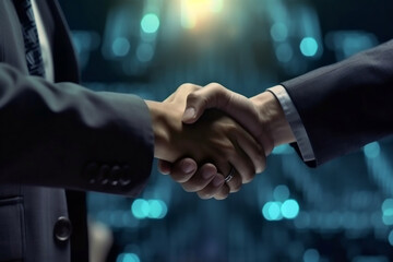 Successful handshake in cryptocurrency business with tech and money assets in the background, generative AI