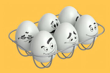 Farm white egg with expressions and funny face in metal wire tray or cardboard