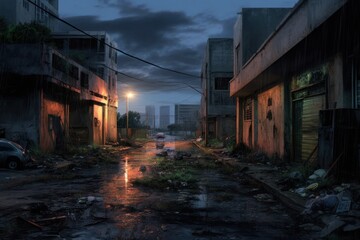 Fototapeta na wymiar AI Generated Hyperrealism dark abandoned city dirt trash everywhere background
