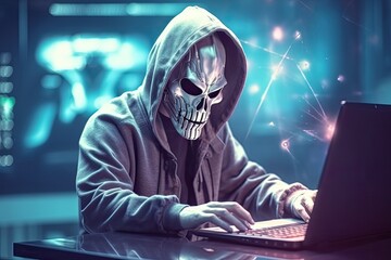 hacker stealing data . Anonymous robot hacker with skull mask typing computer laptop. Concept of hacking cybersecurity, cybercrime, cyberattack Generative AI