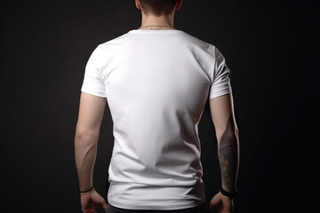 Young man with white blank T-shirt. Shirt mockup, template, back view. Copy space for text, logo, graphic, print. Tshirt mock up. Close up. Generative AI.