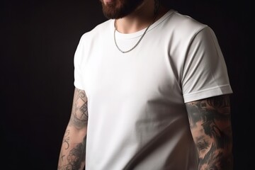 Young man with white blank T-shirt. Shirt mockup, template. Copy space for text, logo, graphic, print. Tshirt mock up. Close up, front view. Generative AI.