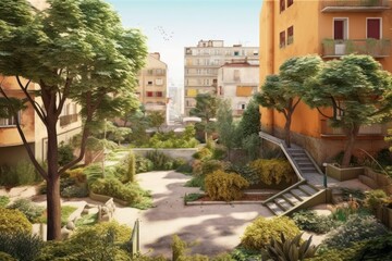 Fototapeta na wymiar AI Generated Hyperrealism playground view with garden and in center of the city background