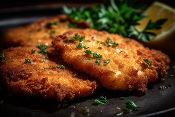 Tasty and crispy chicken schnitzel product photography with natural light. Ai generated - obrazy, fototapety, plakaty