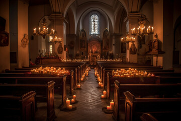 Serene church interior with many candles. Ai generated