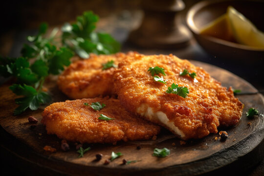 Tasty and crispy chicken schnitzel product photography with natural light. Ai generated
