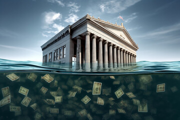 Global banking crisis concept with 3D illustration of drowning banks in debt, generative AI - obrazy, fototapety, plakaty
