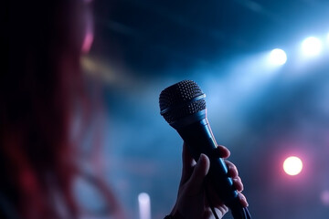 Photography of a concert microphone close up macro on stage. Ai generated