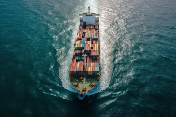 Container ship sailing aerial drone photography. Ai generated