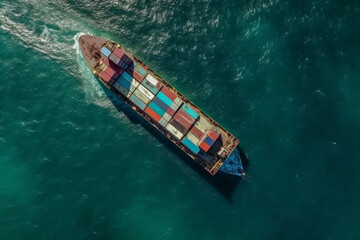 Container ship sailing aerial drone photography. Ai generated
