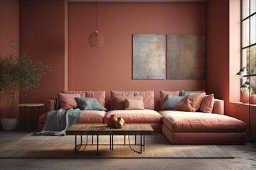 Fototapeta na wymiar Cool room interior design in brown color with sofa. Ai generated