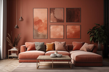 Cool room interior design in brown color with sofa. Ai generated