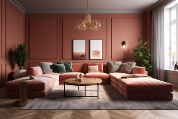Cool room interior design in brown color with sofa. Ai generated