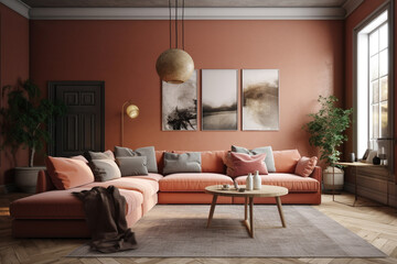 Cool room interior design in brown color with sofa. Ai generated