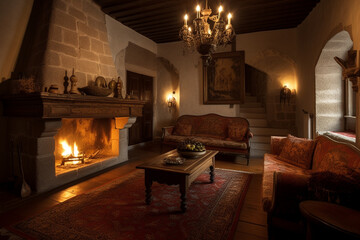 Cozy fireplace in an exquisite room of a medieval castle. Ai generated