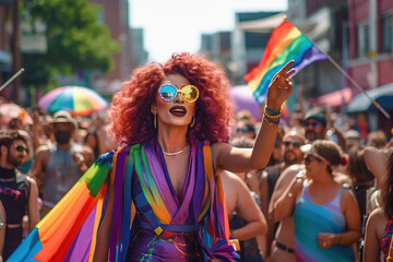drag queen celebrating at the pride parade - obrazy, fototapety, plakaty