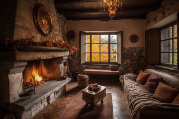 Naklejka premium Cozy fireplace in an exquisite room of a medieval castle. Ai generated