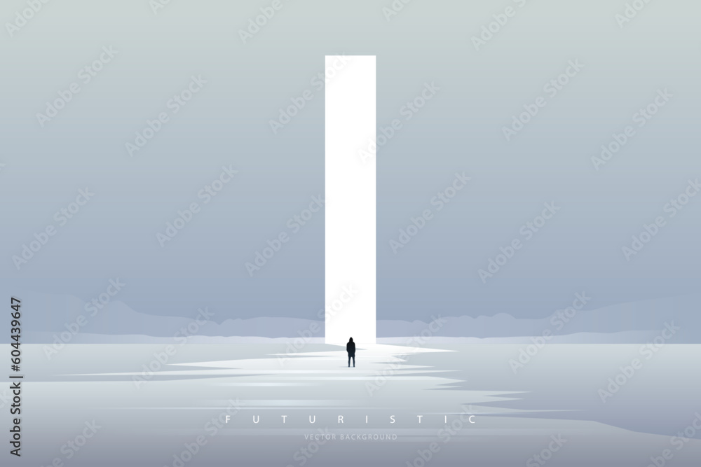 Poster minimal futuristic landscape. mountain background with a lonely figure in front of the portal. sci-f