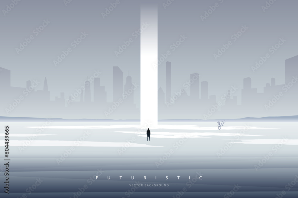 Poster minimal futuristic landscape. mountain background with a lonely figure in front of the portal. sci-f